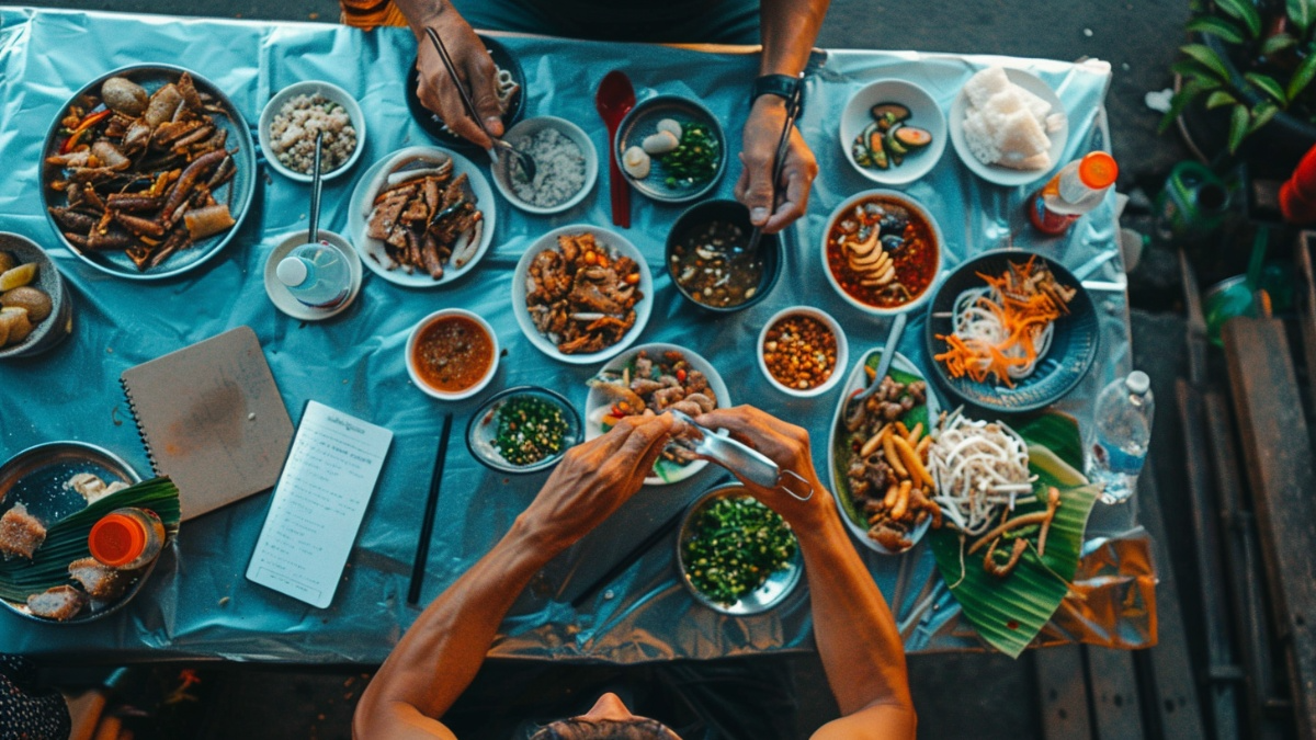 Overhead view of travelers sharing affordable street food dishes on a blue plastic table in Southeast Asia, featuring multiple small plates of local cuisine, dipping sauces, grilled meats, fresh vegetables, and a travel notebook for food notes