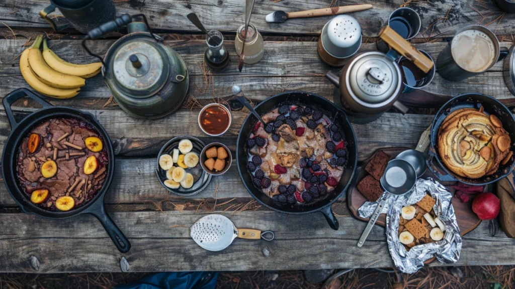 Overhead view of camp dessert recipes including berry cobbler, skillet brownies, banana boats, and cinnamon rolls in cast iron pans on a rustic wooden camp table with camping cookware