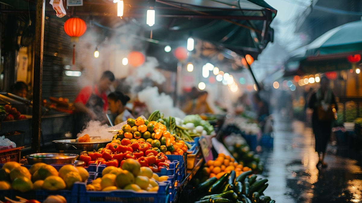 Colorful street market scene with fresh fruits and vegetables, steaming food stalls, and local vendors under evening lights