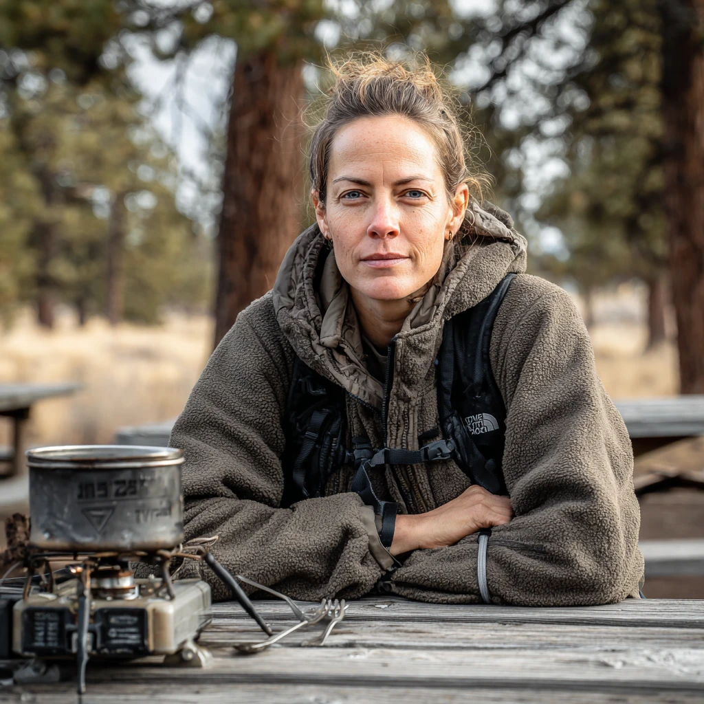 Dinah Carthland, outdoor cooking expert, sitting at picnic table with camp stove and cooking pot at wilderness campsite in pine forest.