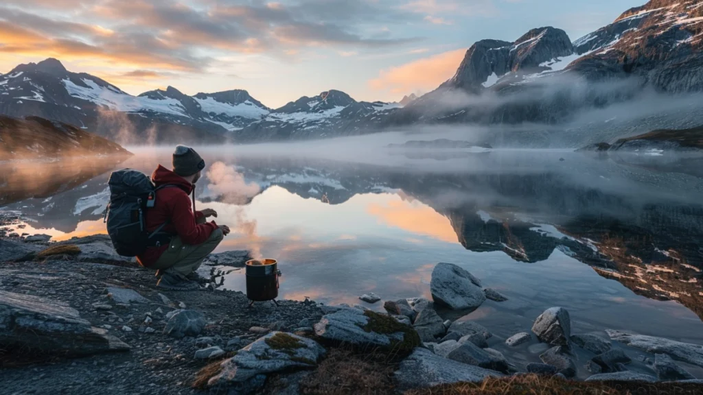 Backpacker crouching beside a portable camping stove cooking breakfast at a misty mountain lake at sunrise with snow-capped peaks reflected in still water