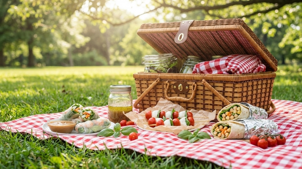 A sunny picnic spread featuring easy no-bake recipes including fresh spring rolls with peanut sauce, caprese skewers with tomatoes and mozzarella, and chickpea wraps in foil, arranged on a red gingham blanket next to a wicker basket in a green park setting