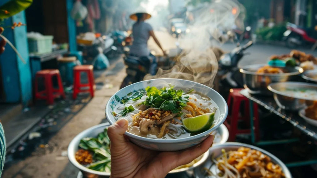 Hand holding a steaming bowl of Vietnamese rice noodle soup with fresh herbs, lime, and bean sprouts at a street food stall in Vietnam, representing safe gluten-free eating while traveling with dietary restrictions
