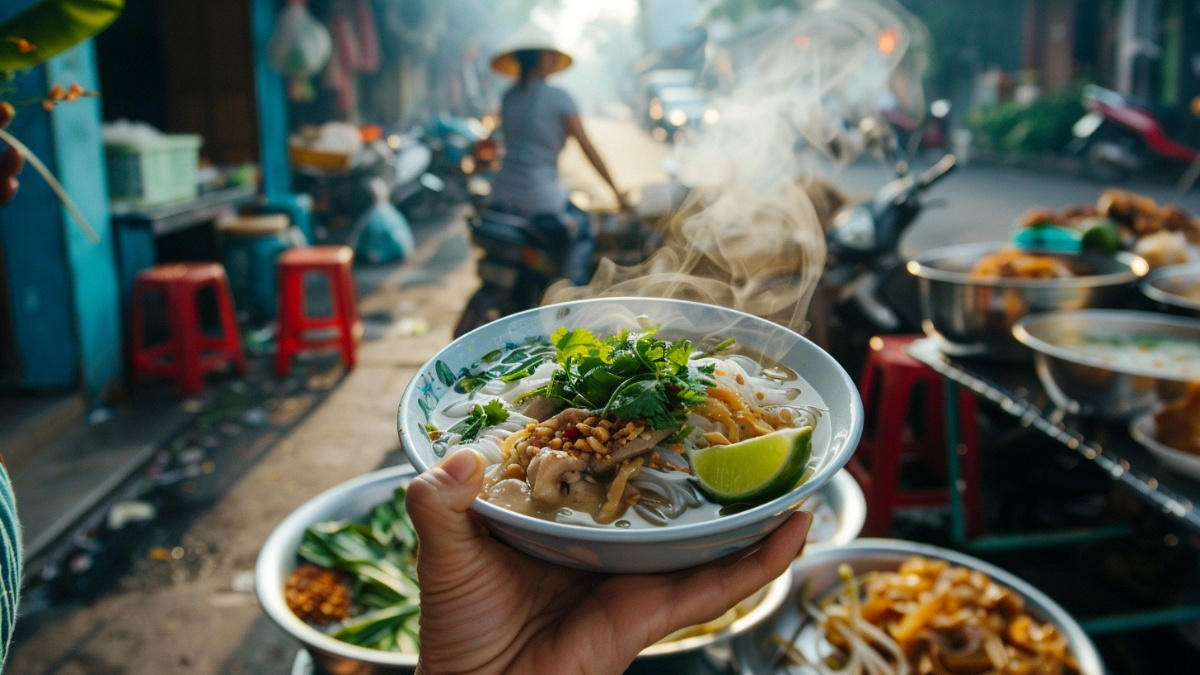 Hand holding a steaming bowl of Vietnamese rice noodle soup with fresh herbs, lime, and bean sprouts at a street food stall in Vietnam, representing safe gluten-free eating while traveling with dietary restrictions