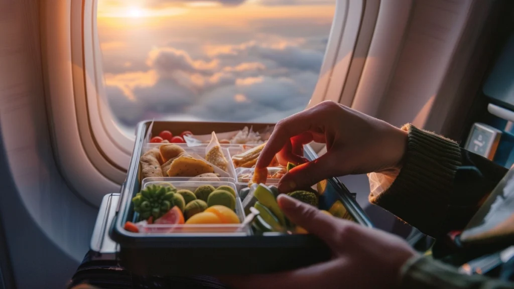 Hands reaching for a compartmentalized bento box filled with fresh vegetables, fruits, crackers, and healthy travel snacks on an airplane tray table with sunset clouds visible through the window