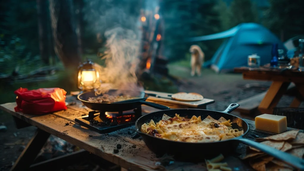 Twilight camping scene showing cast iron skillets with cheesy pasta and quesadillas cooking on a camp stove, rustic wooden picnic table with tortillas and cheese block, glowing lantern, blue tent and dog in soft-focus forest background