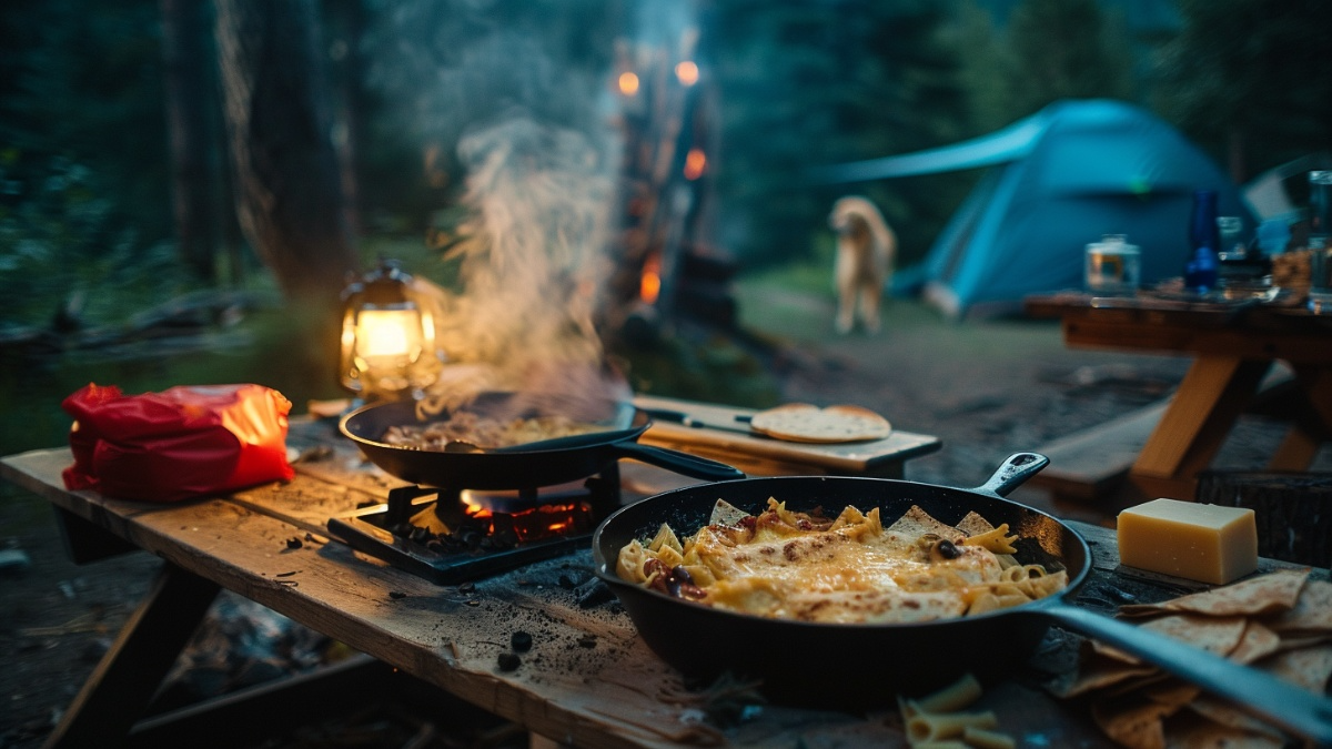 Twilight camping scene showing cast iron skillets with cheesy pasta and quesadillas cooking on a camp stove, rustic wooden picnic table with tortillas and cheese block, glowing lantern, blue tent and dog in soft-focus forest background