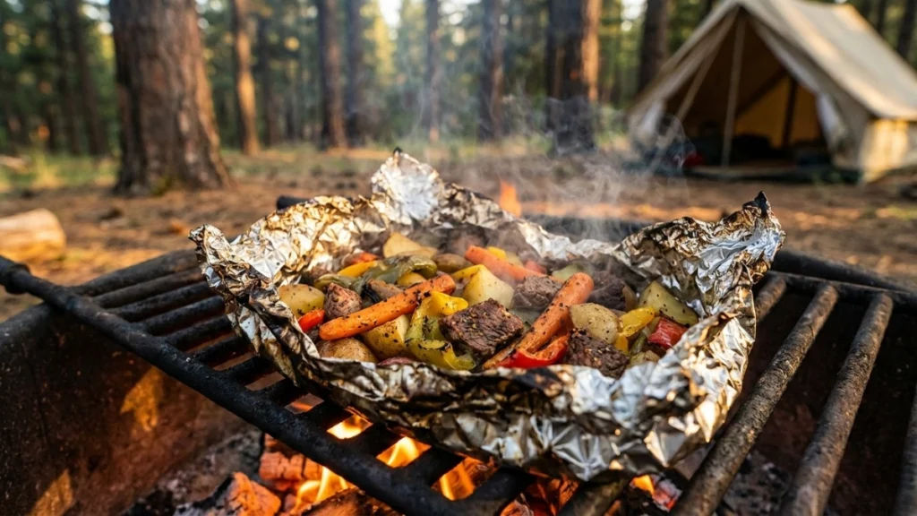 Open foil packet filled with seasoned beef, potatoes, carrots, and bell peppers cooking on a cast iron campfire grate with glowing embers beneath and a canvas tent in a pine forest background