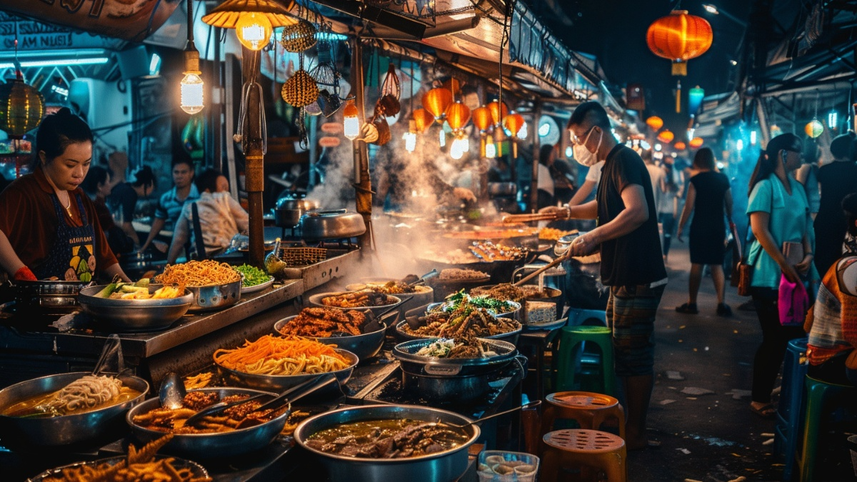 Bustling Asian night street food market with vendors cooking noodles, curries, and grilled meats over open flames, colorful dishes displayed in metal bowls under warm lantern lights, steam rising from woks, locals gathering to eat authentic street food