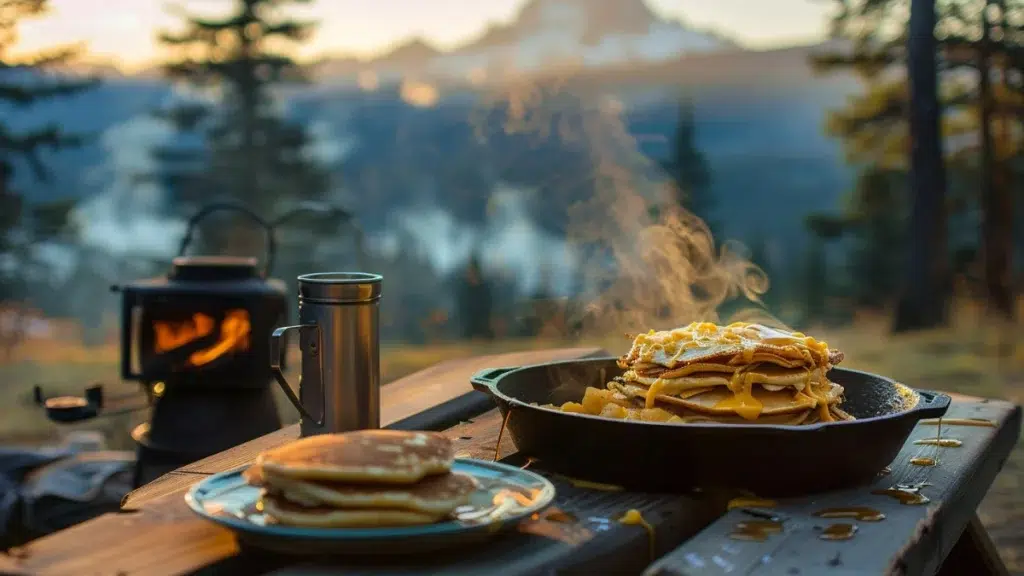 Gourmet camping breakfast with golden pancakes and cheesy eggs in a cast iron skillet on a rustic wooden table, steaming hot beside a camp stove and titanium coffee mug, with misty mountain peaks and pine forest at sunrise