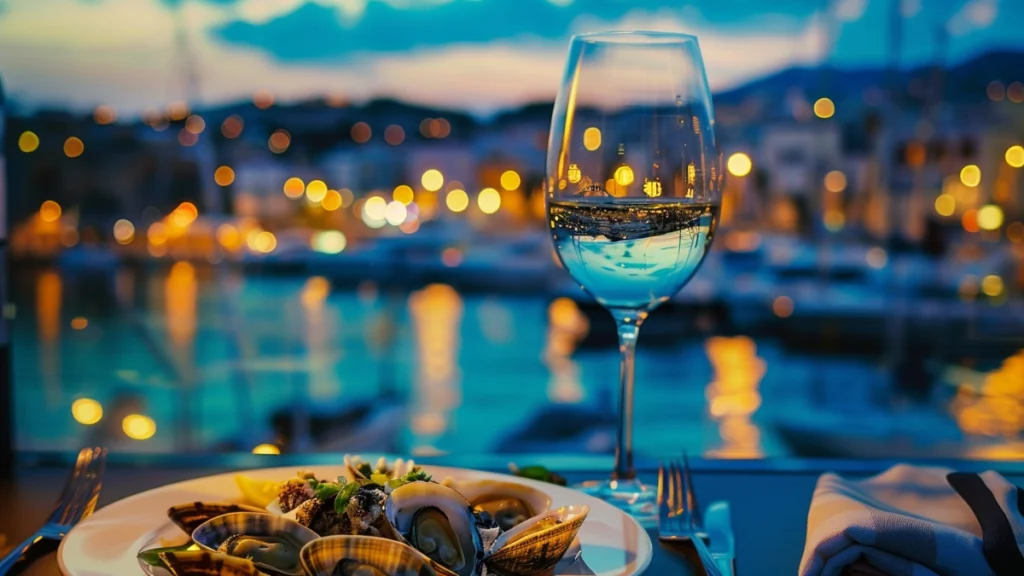 Gourmet seafood plate with fresh mussels and white wine glass at waterfront fine dining restaurant overlooking Mediterranean harbor at sunset with golden bokeh lights