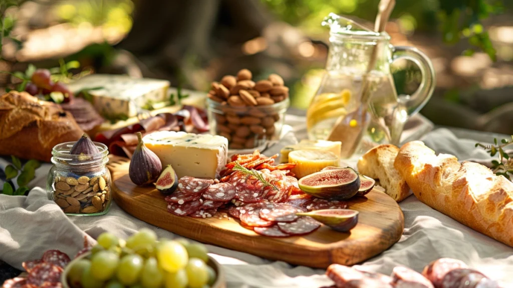 Elegant outdoor picnic spread featuring a wooden board with sliced sopressata, aged cheese, fresh figs, crusty baguette, green grapes, marcona almonds in glass jars, and a pitcher of lemon-infused water on a linen tablecloth in a sunny park setting