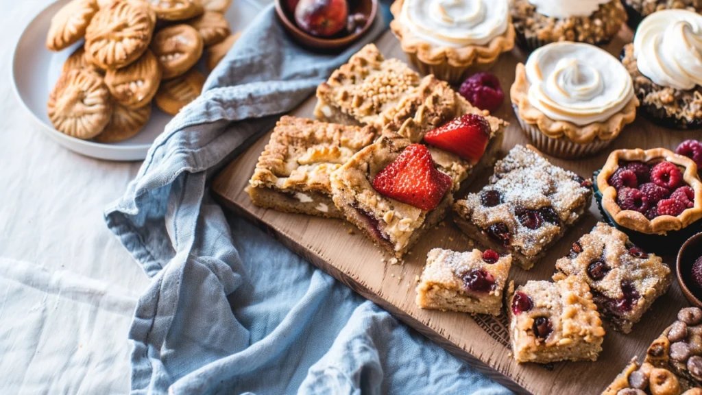 Assorted handheld picnic desserts including fruit crumb bars topped with fresh strawberries, mini raspberry tarts dusted with powdered sugar, stacked shortbread cookies, and meringue topped pies arranged on a wooden cutting board with blue linen napkin