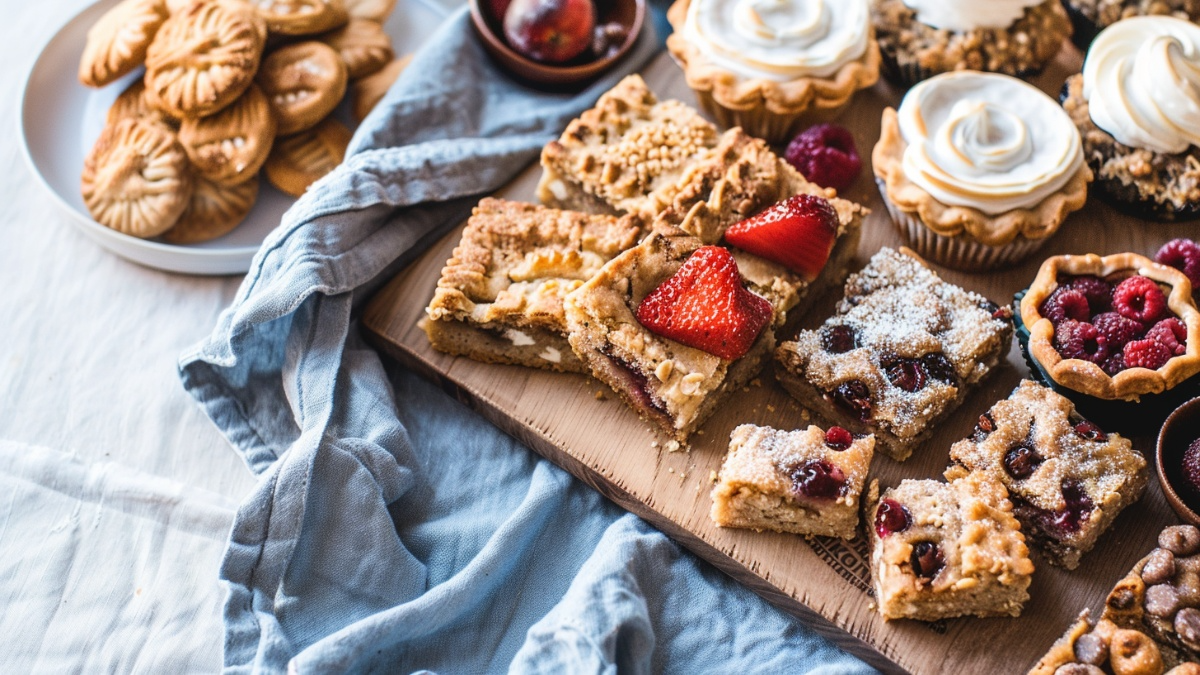 Assorted handheld picnic desserts including fruit crumb bars topped with fresh strawberries, mini raspberry tarts dusted with powdered sugar, stacked shortbread cookies, and meringue topped pies arranged on a wooden cutting board with blue linen napkin