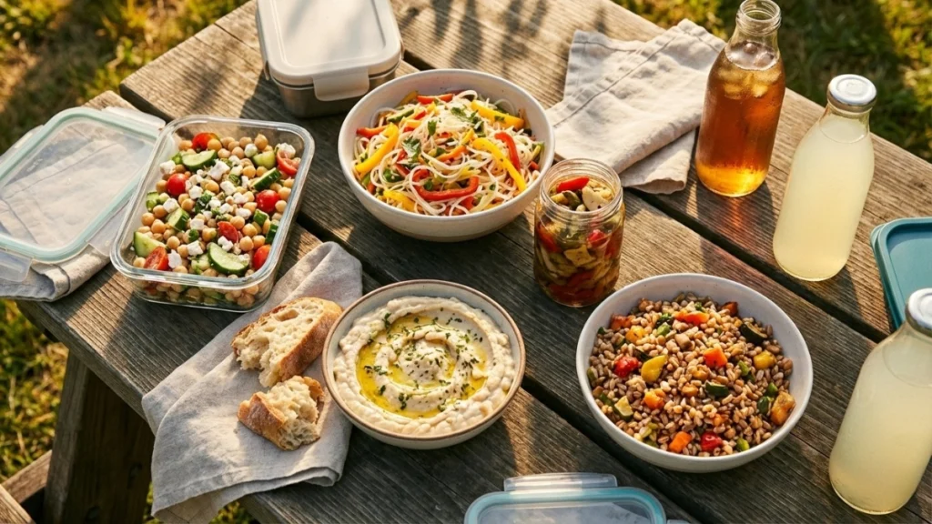 Summer picnic spread on wooden table featuring chickpea salad, rice noodle salad, white bean dip with bread, marinated vegetables in jar, and farro salad with refreshing drinks in golden afternoon light