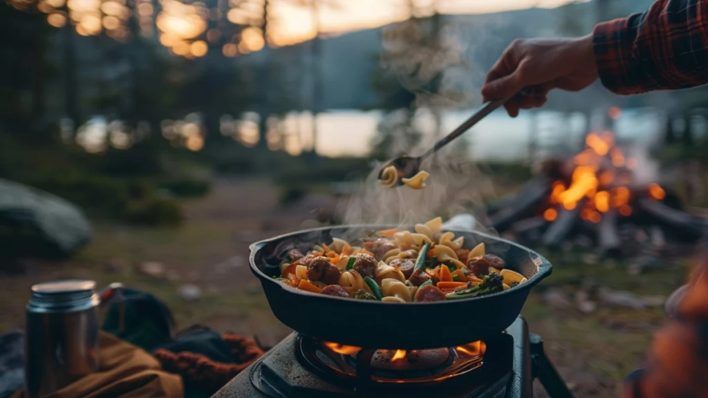 Hand stirring a steaming one-pot pasta dinner with sausage and vegetables in a cast iron skillet on a camping stove at a forest campsite during sunset