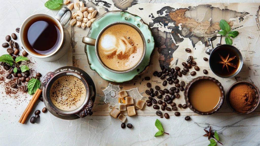 Flat lay of international coffee varieties on vintage world map featuring cappuccino, black coffee, Vietnamese milk coffee, and spiced brew with scattered coffee beans, fresh mint, cinnamon sticks, star anise, and Turkish delight