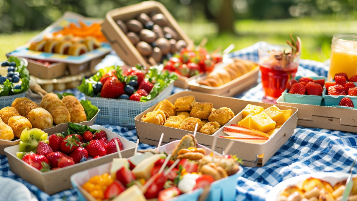 Colorful kid-friendly picnic lunch boxes on a blue gingham blanket featuring golden chicken nuggets, fresh strawberries, blueberries, cheese cubes, mini pastries, and fruit kabobs in a sunny park setting
