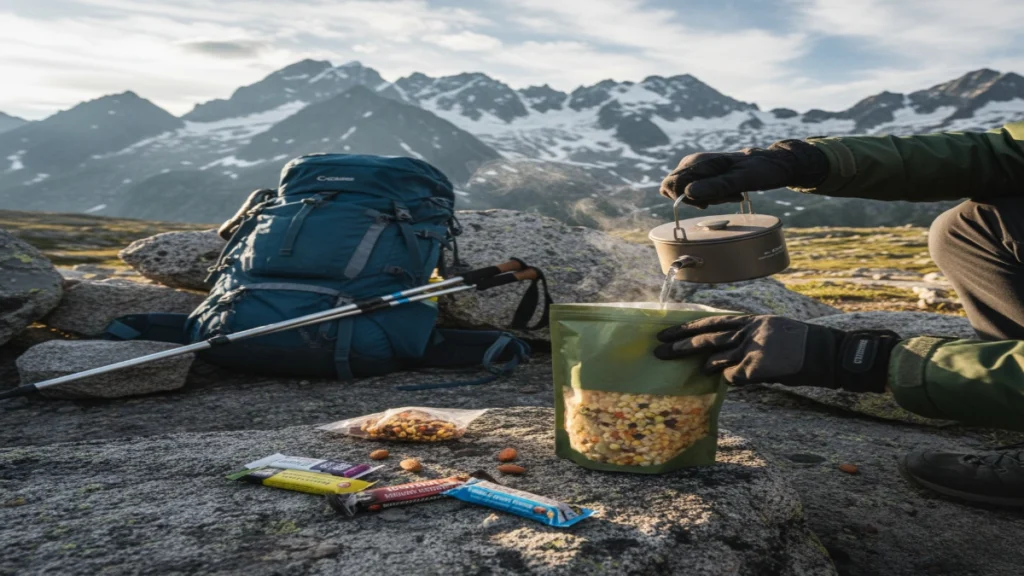 Hiker pouring hot water from titanium pot into dehydrated backpacking meal pouch at rocky alpine campsite with snow-capped mountains, trail mix, and energy bars scattered nearby