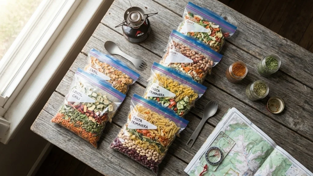 Five labeled freezer bag camping meals including lentil chili and pasta primavera arranged on rustic wooden table with MSR camp stove, titanium spork, topographic map, compass, and spice jars ready for backpacking trip