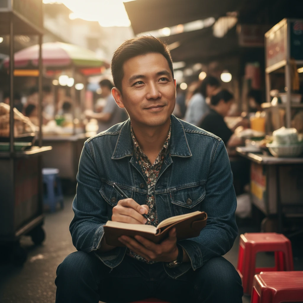 Marcus Chen, travel food writer, sitting at red plastic stool in bustling Asian food market, holding notebook and pen while documenting street food experiences
