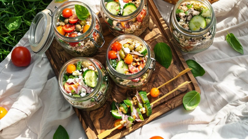 Colorful layered salads in glass mason jars with Mediterranean ingredients including cherry tomatoes, cucumbers, olives, feta cheese, and grains, alongside fresh vegetable skewers arranged on a rustic wooden board over a cream linen blanket in an outdoor picnic setting with green grass and natural sunlight