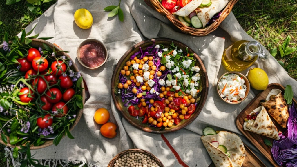 Overhead view of a plant-based picnic spread on a linen blanket featuring a vibrant chickpea salad with purple cabbage and feta cheese, fresh cherry tomatoes, vegetable wraps, olive oil, lemons, and assorted dips in dappled sunlight on green grass