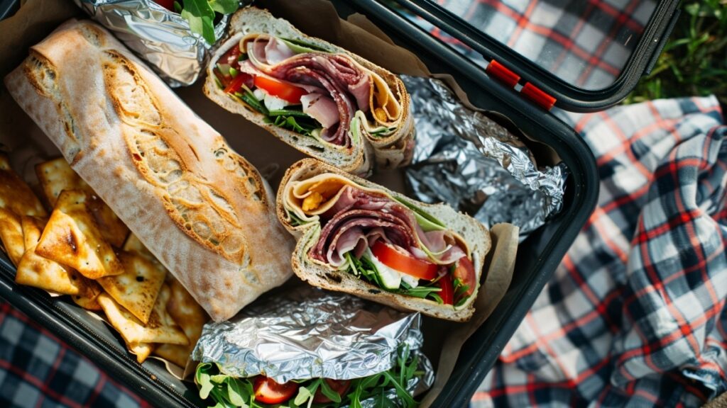 Overhead view of a picnic cooler with Italian deli wraps filled with salami, arugula and tomatoes, crusty ciabatta sandwich, pita chips, and aluminum foil packaging on a plaid blanket