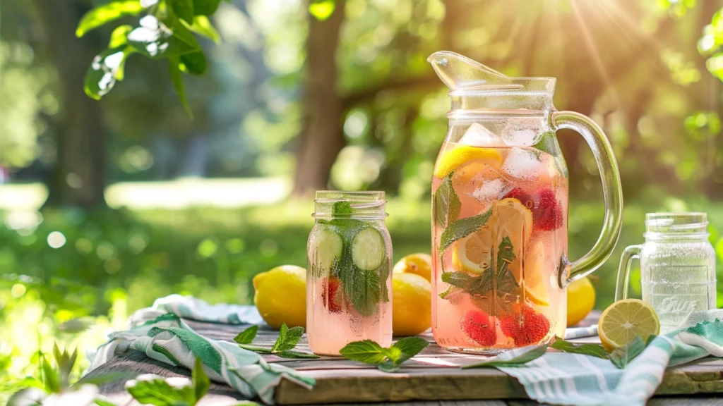 Glass pitcher of homemade strawberry mint lemonade with fresh fruit and mason jars of cucumber infused water on a rustic wooden picnic table with lemons and fresh mint in a sunny park setting