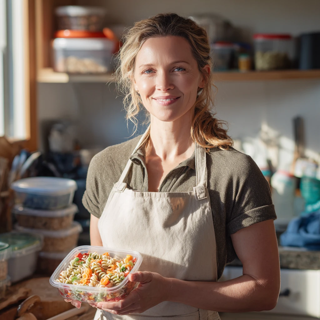 Food writer Sarah Mitchell holds homemade pasta salad in clear container, showing colorful rotini with vegetables for picnic meals