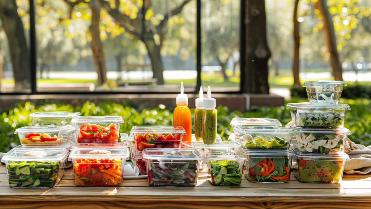 Colorful transportable picnic side dishes including grain salads, fresh vegetable slaws, and marinated sides neatly packed in clear storage containers with squeeze bottles of homemade dressings on a wooden table at a sunny park