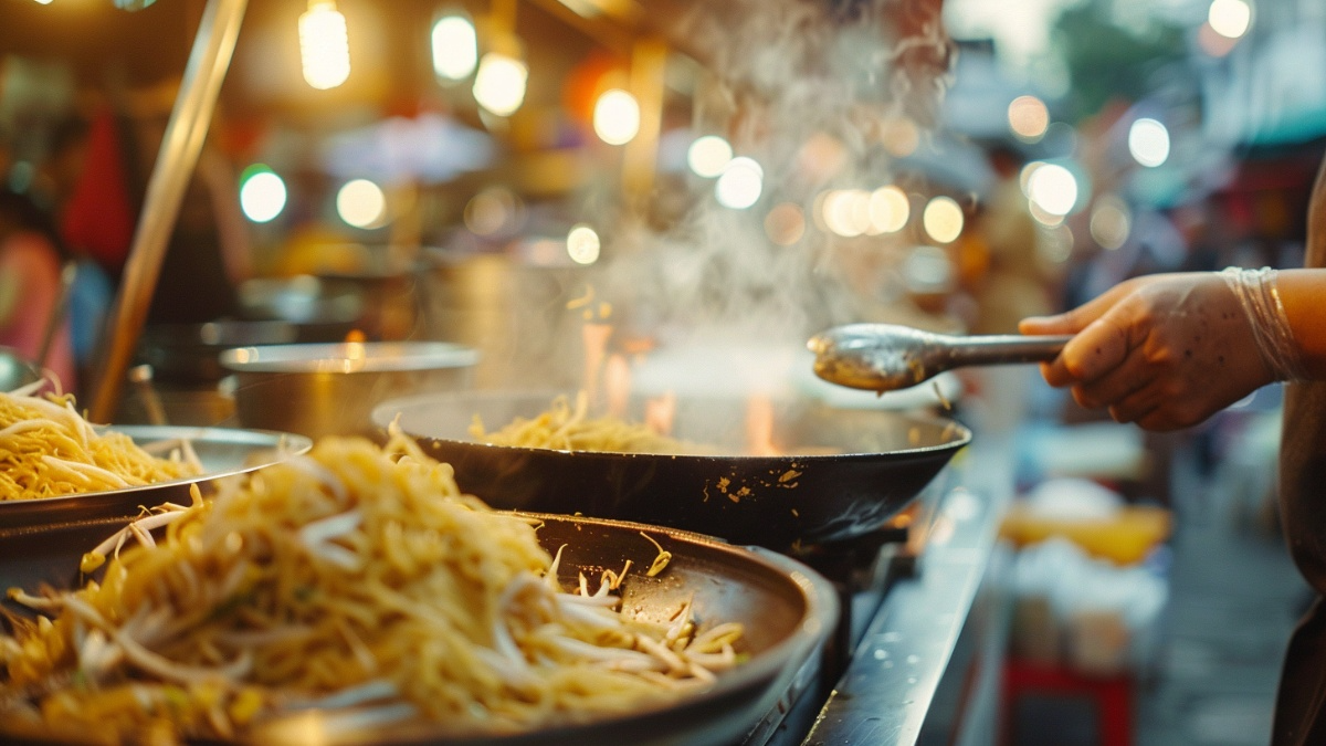 Vendor cooking fresh pad thai noodles in a steaming wok at a busy street food market with warm golden lighting