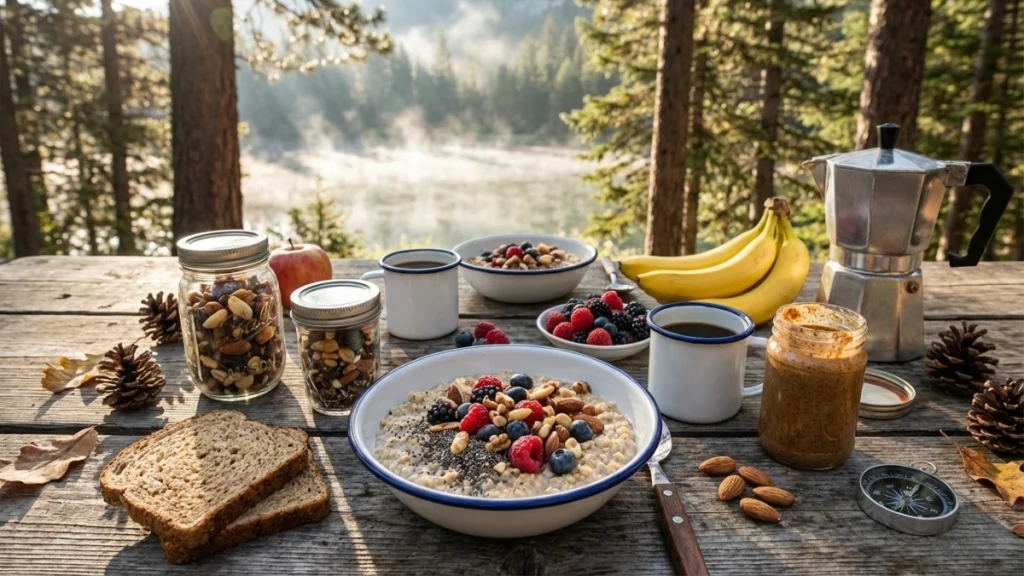 A plant-based camping breakfast on a rustic wooden table featuring oatmeal topped with fresh berries, chia seeds, and nuts, alongside whole grain bread, peanut butter, trail mix in mason jars, bananas, coffee in enamel mugs, and a moka pot, with a misty pine forest and lake in the background